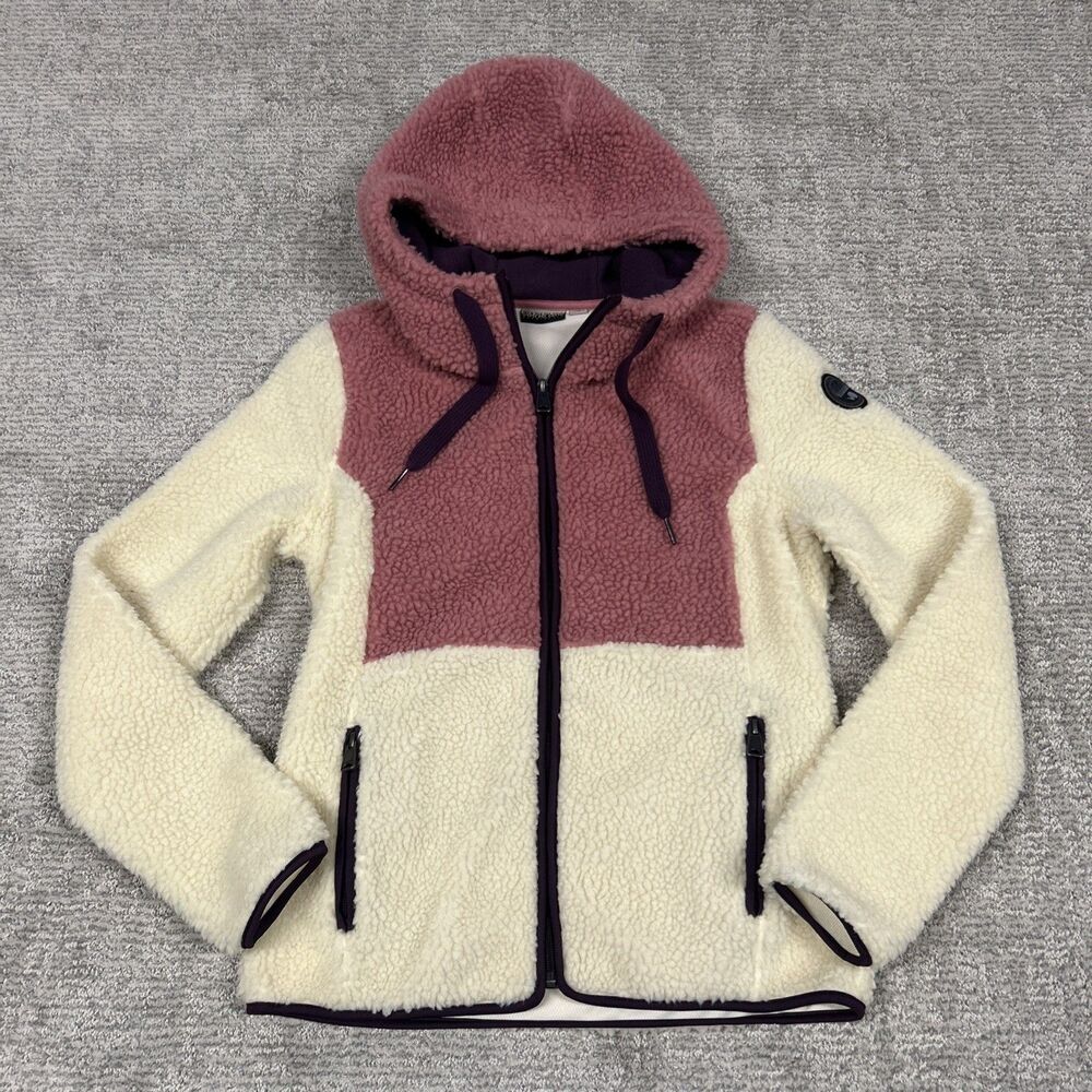 Napapijri Fleece Jacket Womens Small Zip Cream Pink Sherpa Pockets Hooded Teana